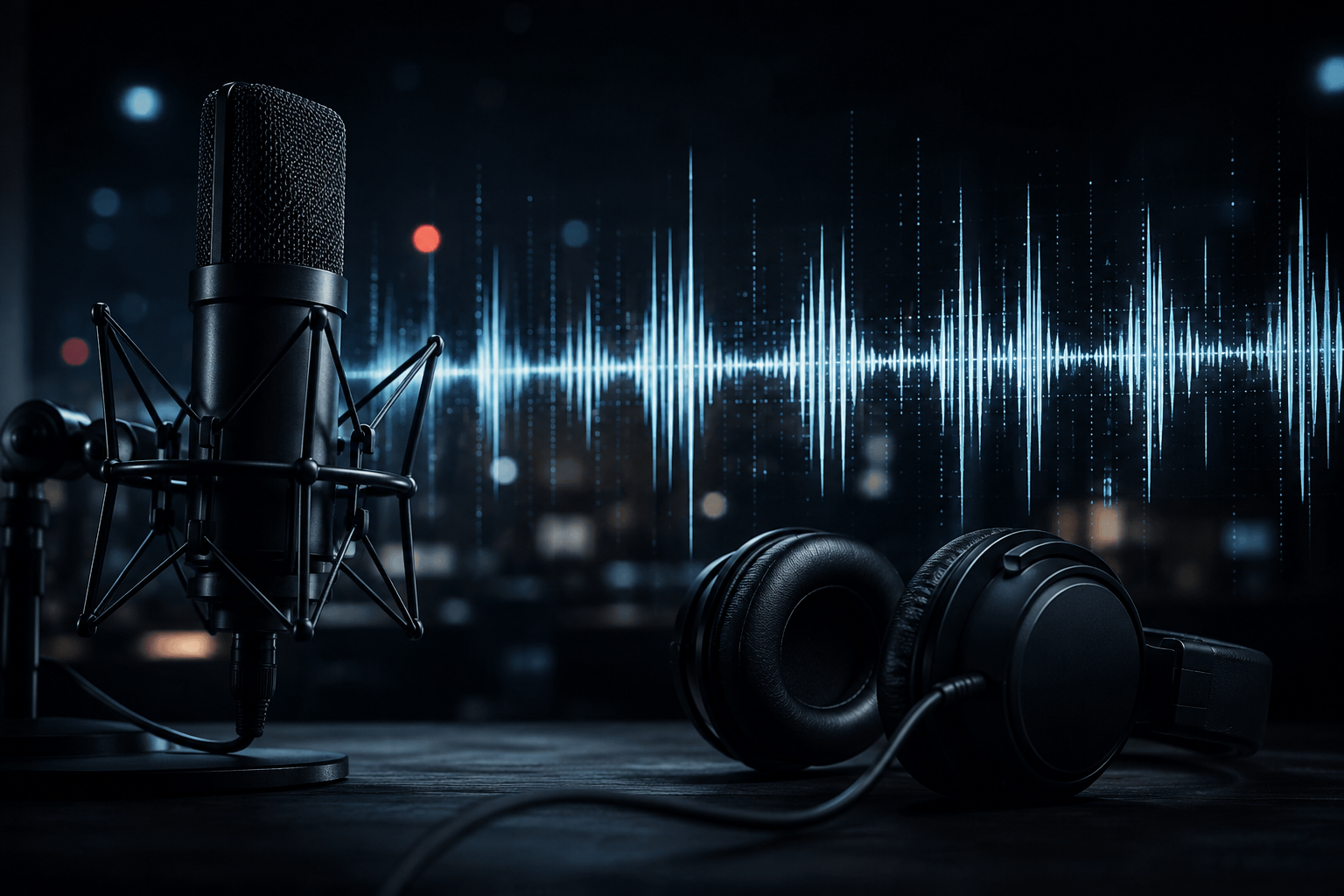 Microphone et casque audio devant une onde sonore, sur fond sombre