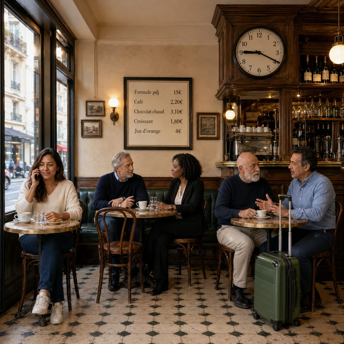 Scène d'un café parisien avec plusieurs clients à mémoriser