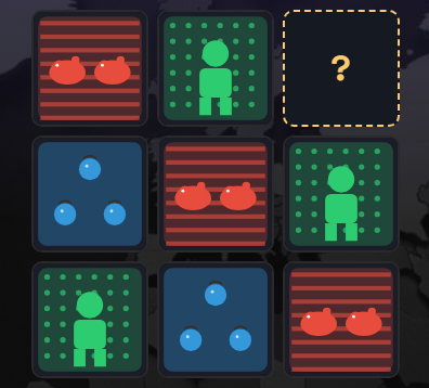 Grille 3×3 de cartes illustrées et case manquante en pointillés dorés, jeu Matrices